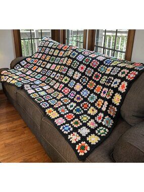 Vintage Handmade Crochet Granny Square Afghan Multi-Color Black Boho Throw 86x49